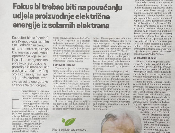 Istarska županija s približno 5,1 posto stanovništva Hrvatske ima donekle natprosječnu potrošnju električne energije