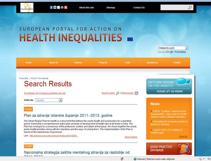 Plan za zdravlje Istarske županije na Europskom portalu kao primjer strategije kojom se adresiraju nejednakosti u zdravlju
